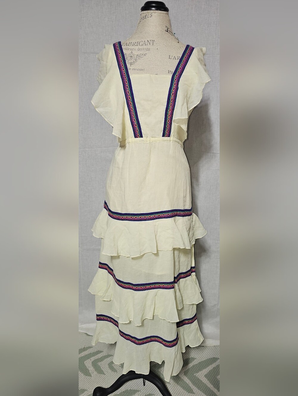 Primo Emporio Cream Maxi Dress with Pink & Blue Embroidered Trim